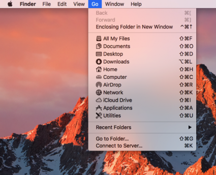 Macintosh Go Menu Dropdown- Connect to Server