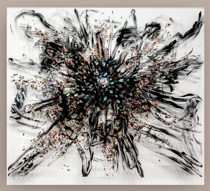    Big Bang, 2021, 24 x 28 inch (h x w), Acrylic, confetti, glass on glass panel 