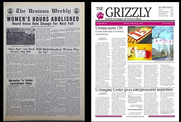 Two cover pages from The Ursinus Weekly and The Grizzly newspapers.