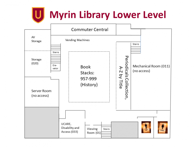 The lower level floorplan of Myrin Library.