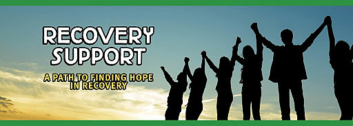 recovery support words with image of people holding hands high in the air