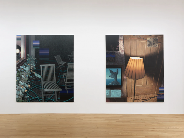 Installation view of Prologue to a Garden Dark. 7-10 pm, oil on canvas, 84 x 72 in, 2021 (left) a...