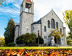 Fall leaves outside of Bomberger Hall.