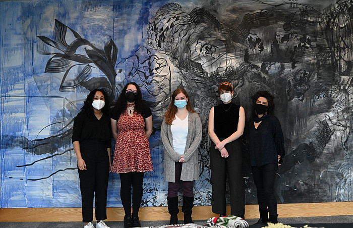 (From left to right): Mekha Varghese '23, Nina Rosario '23, Kristen Cooney '22, Sarah Marchione '22, and Bahar Behbahani.