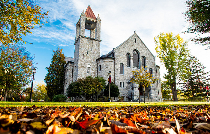 Fall leaves outside of Bomberger Hall.