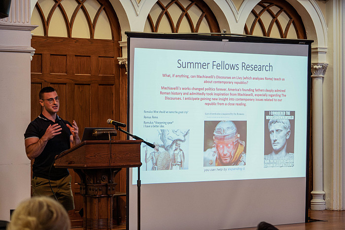 Brian Dresnin '24 presents his Summer Fellows research in Bomberger Hall