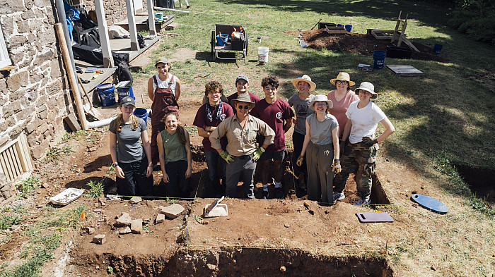 Students and faculty do an archeological dig by the Speakers House in Trappe. July 11, 2024 - Drone Shots