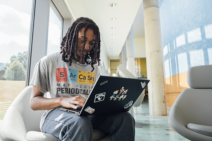 Tre Dunlap '25 doing research during the 2024 Summer Fellows Program