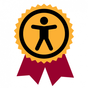 Web Accessibility icon (person in a circle) inside of a red and old gold ribbon