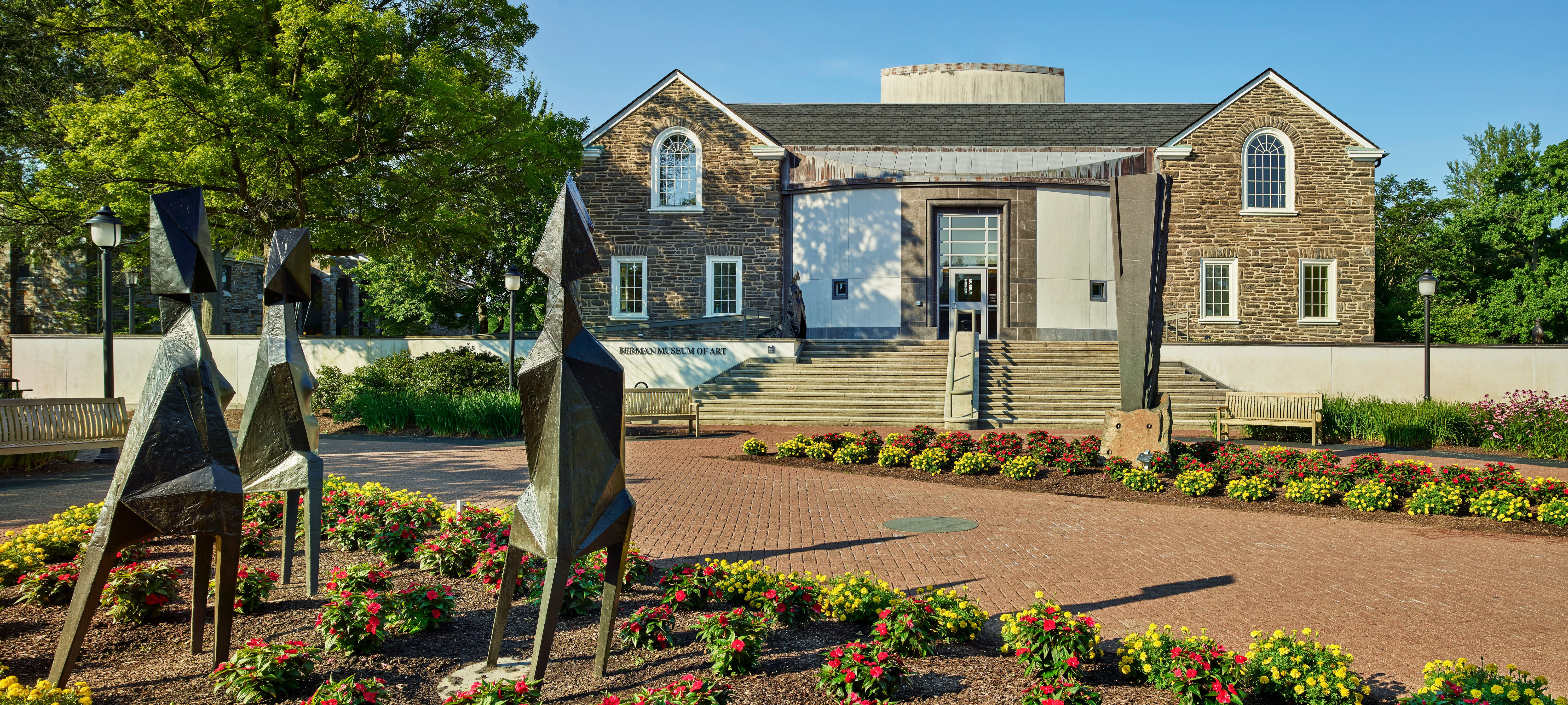 Berman Museum Exteriors Featuring Lynn Chadwick, Three Elekras, 1969. Bronze. 