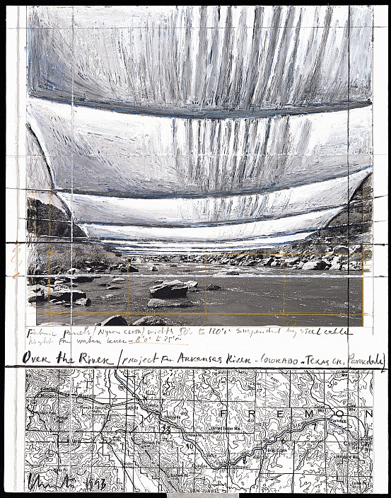Christo, Over the River, Project for the Arkansas River (under), 1993.