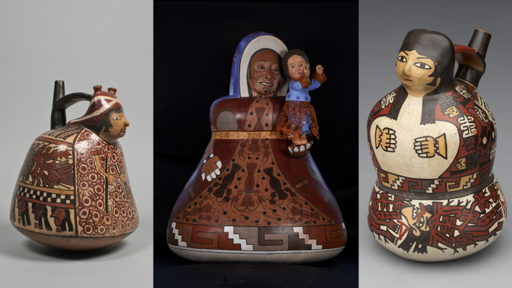 Kukuli Velarde's Virgen de Belen with two reference images.