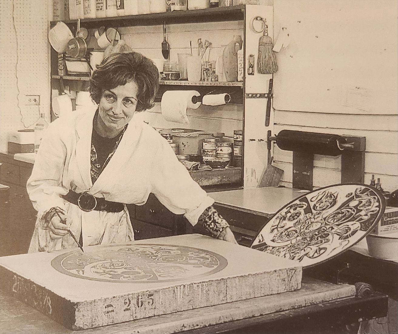 Françoise Gilot working at The Tamstone Group on astone for the color lithograph, A Rainbow of Flowers,1971. From Stone Echoes: Original...