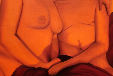 A couple embracing. Canvas is saturated in a bright orange color.