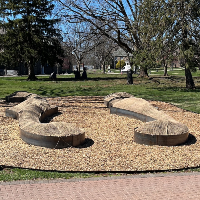 Two oblong mounds of dirt shaped like a violin.