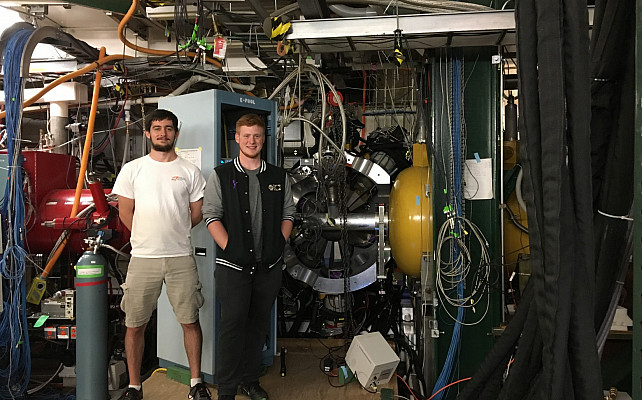 Ben Klybor (UC ’19) and Sean Gregory (UC ’17) with the Ursinus College/NSCL Liquid Hydrogen target and the GRETINA gamma-ray tracking array at the National Superconducting Cyclotron Laboratory in October 2016.