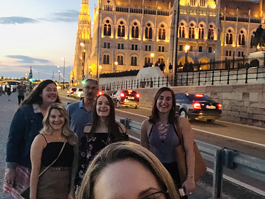 Hungarian Parliament Building, Budapest, Renee (UC '20), Emma (UC '22), Cassidy (UC '22), Hailey (UC '21), and Dr. E, Budapest, ECON 223, Study Abroad course in economics, summer 2019.