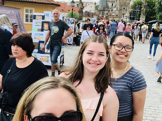 Charles Bridge, Prague, Shelby (UC '22), Alana (UC '22), ECON 223, Study Abroad course in economics, summer 2019.