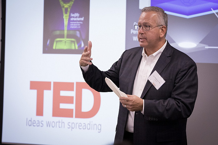 Joe DeSimone '86 gives a presentation at the official IDC dedication in October 2018.