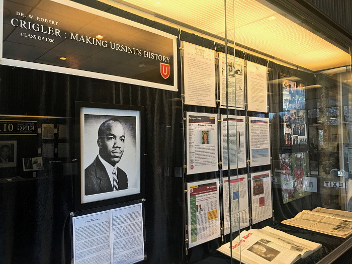 A display honoring Robert Crigler in the lobby of the Myrin Library. Dr. Patricia Lott is researching Crigler as part of a digital histor...