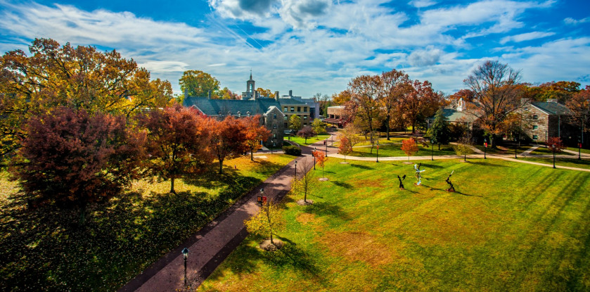 Arial view of the campus with fall foliage.