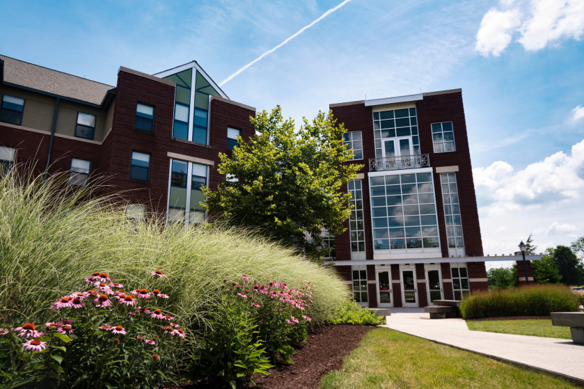 New Hall with spring flowers blooming