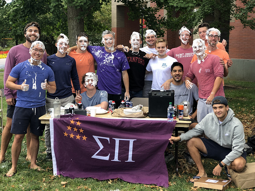 Brothers of Sigma Pi held a “pie a brother in the face” fundraiser as part of the Greek syste...