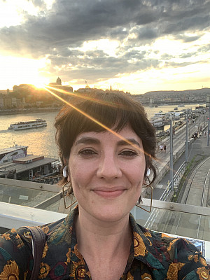 On the Erzsébet híd, or Elizabeth bridge, that connects Buda and Pest (Budapest) over the Danube River. Hungary, summer 2023.