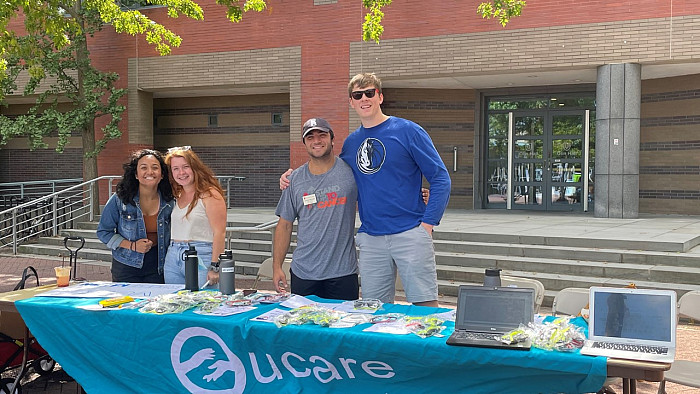 Mekha Varghese '23, Rachel Arthur '23, Dominic Mincozzi '24, and Cole Grubbs '25 help register students to vote.